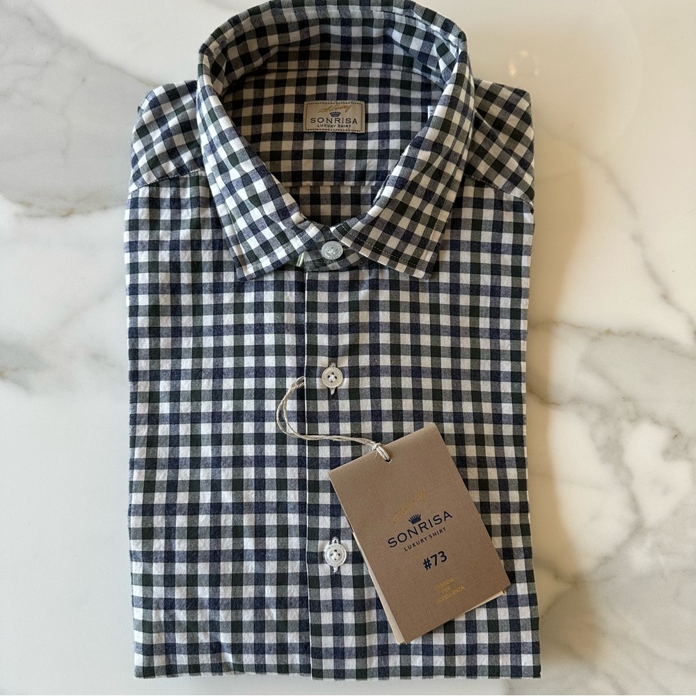 SONRISA Blue Pied de Poule man’s M , check patterned shirt . Made in Italy